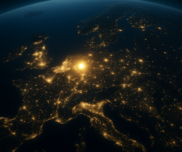 Abstract map of Europe with soft light focus over the Netherlands, symbolising semiconductor supply networks, transparency, and resilience