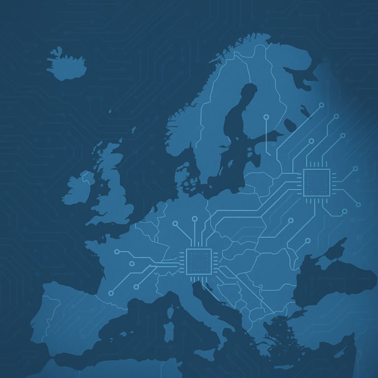 Abstract illustration of Europe with circuit patterns symbolizing semiconductor supply chains and resilience across mature technologies.